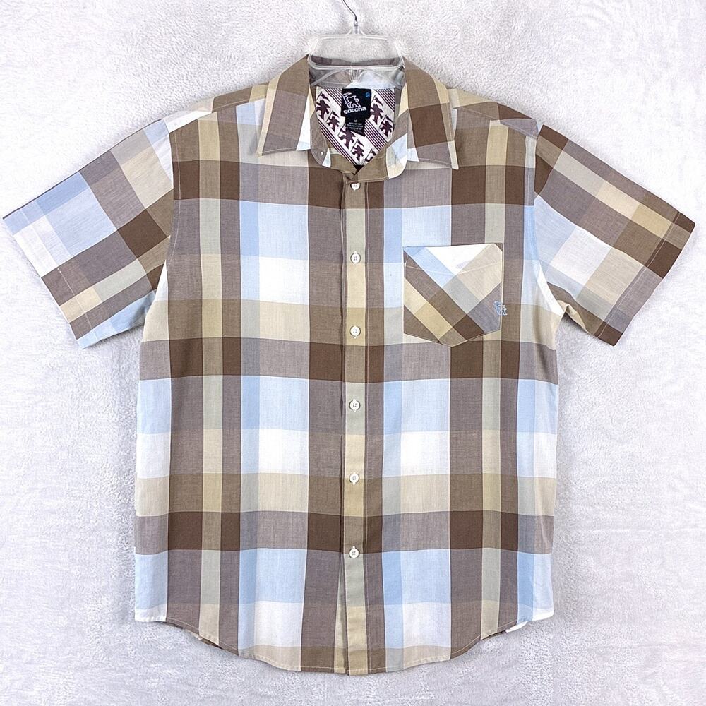VTG Gotcha Shirt Mens M Brown Blue Plaid Preppy Skate Surf Grunge Camp Indie Y2K